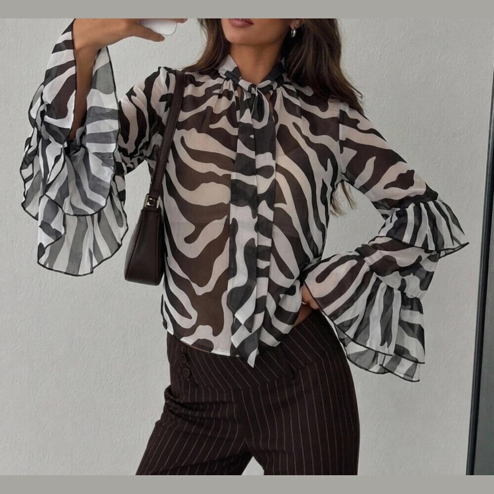 Black and White Zebra Print Tie Neck Ruffle Cuff Blouse